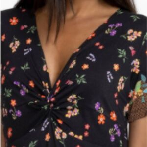 NANI TWIST FRONT SWING DRESS - 3X - black floral border print